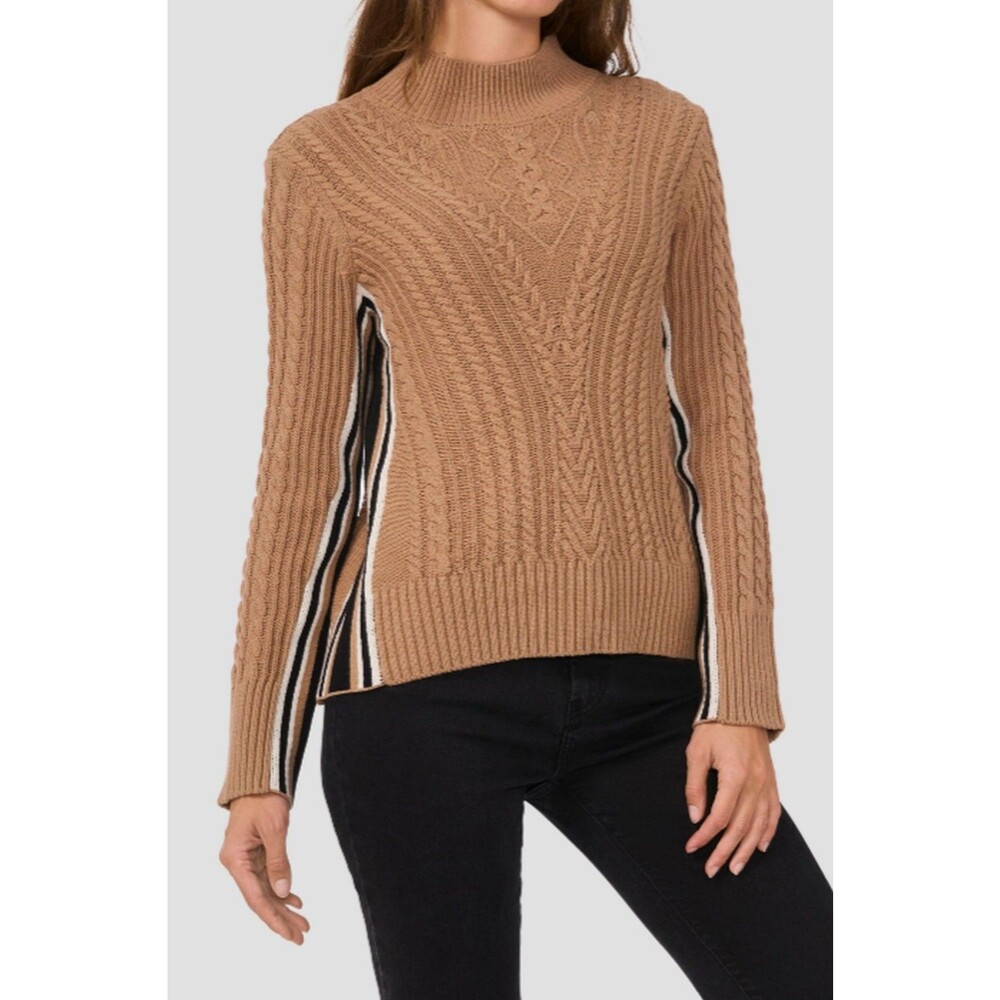 Halogen Sweater Mixed Cable Mock Neck Side Stripe Tan Womens size XL NEW $99